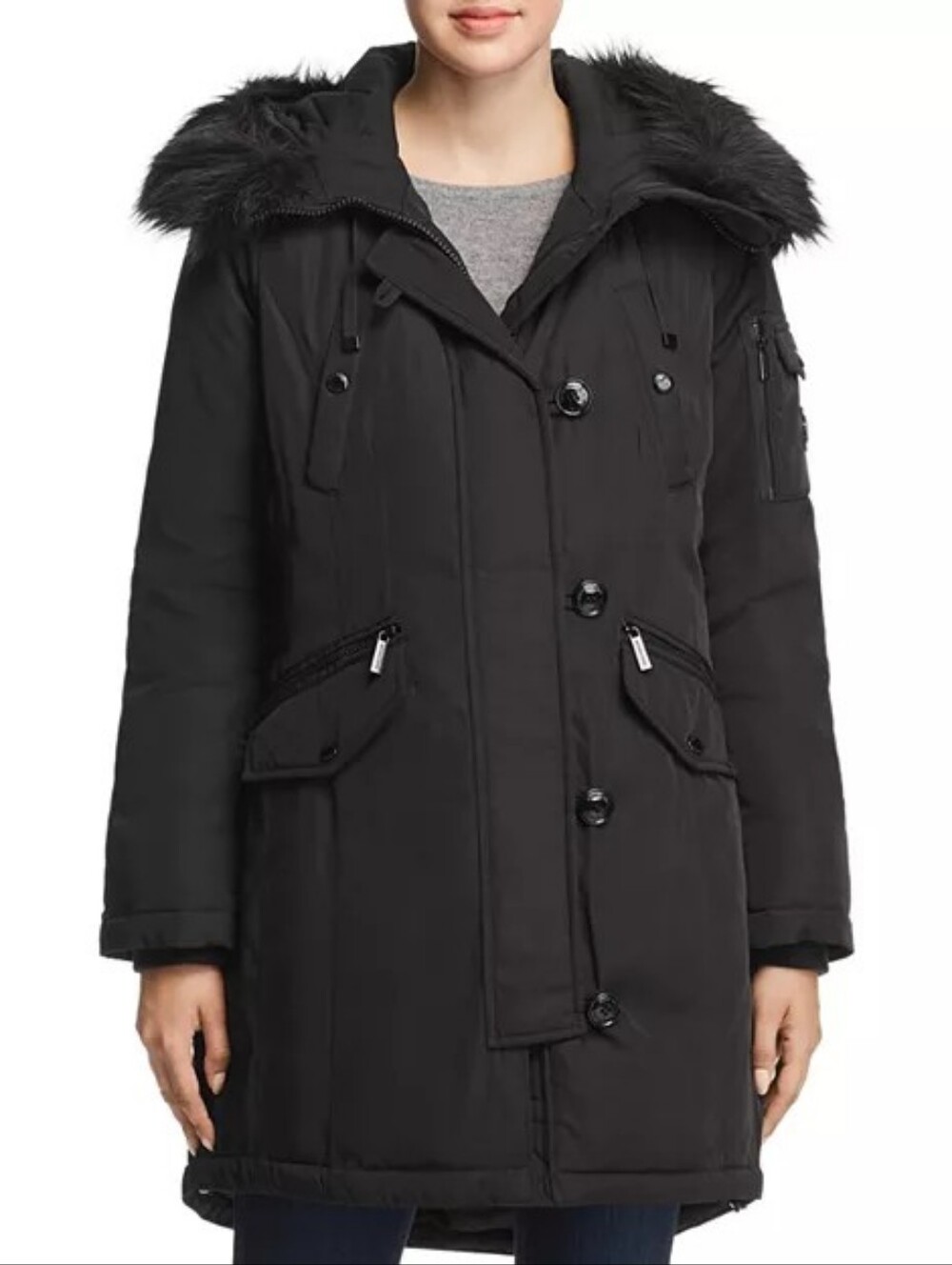 Michael Michael Kors Black Hooded Parka Coat Down Filled with Faux Fur Trim XL